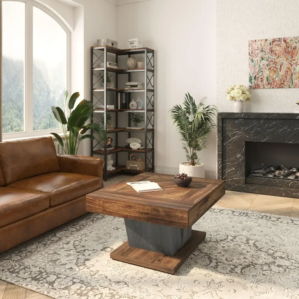 طاولة قهوة مربعة حديثة باللونين البني والأسود، مرتفعة 31.5، طاولة مركزية خشبية لغرفة المعيشة، لهجة شاي كوكتيل معاصرة