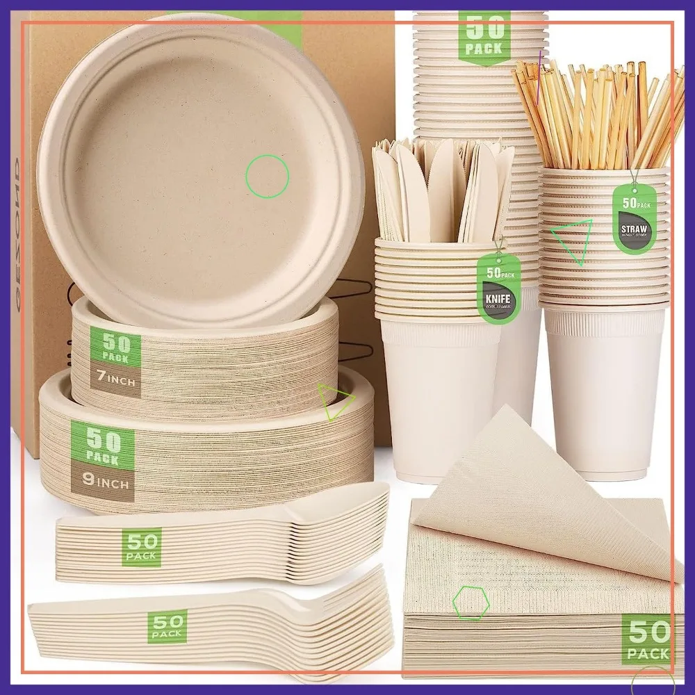 

400-Pack Eco-Friendly Disposable Dinnerware Set: Biodegradable Plates, Cutlery, Cups & Straws for Parties & Events