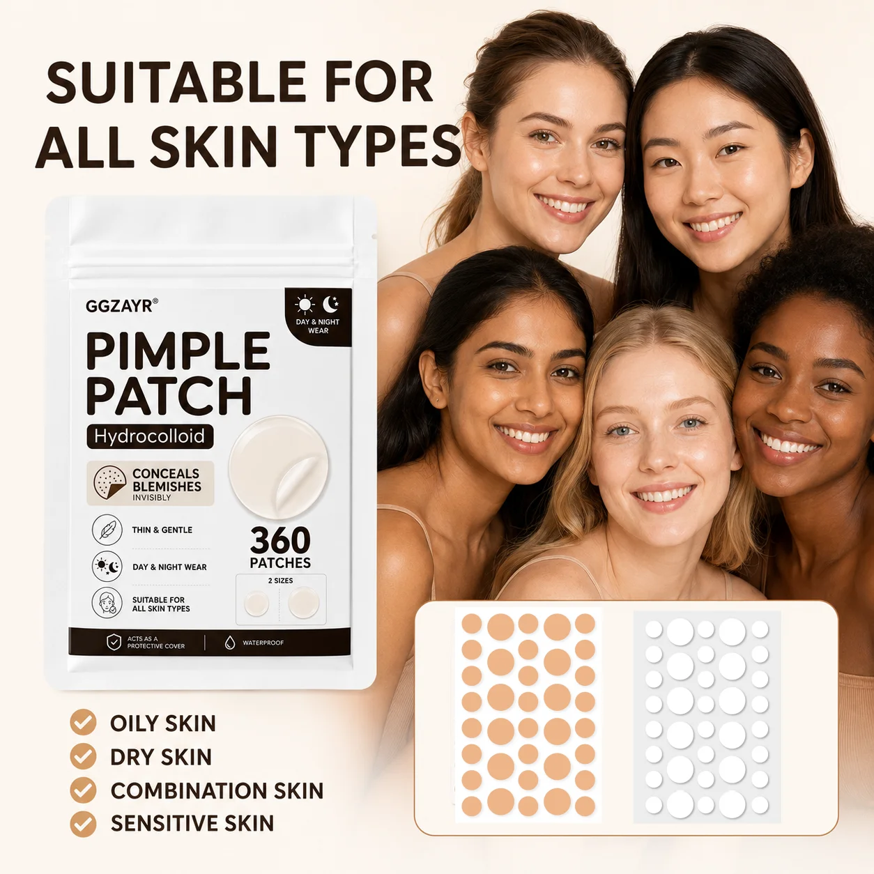 360Pcs Hydrocolloid Pimple Patches, 180 Clear & 180 Skin Tone Mix, Invisible Blemish Covers, Ultra-Thin Seamless Stickers, Ready