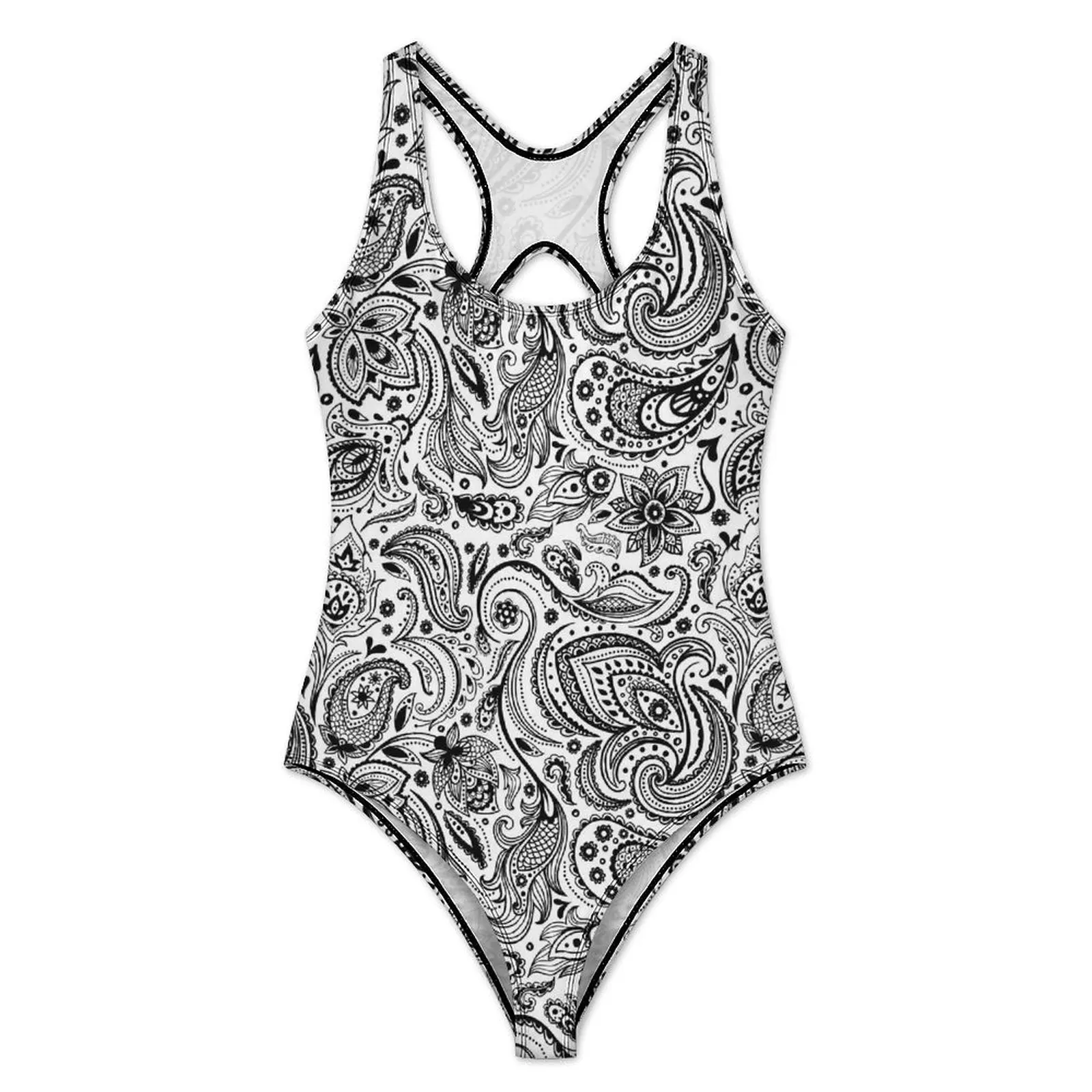 Floral Paisley Swimsuit Black White Swimwear One Piece Surfing Bodysuit Hollow Out Bathing Suit Woman Push Up Sexy Beachwear