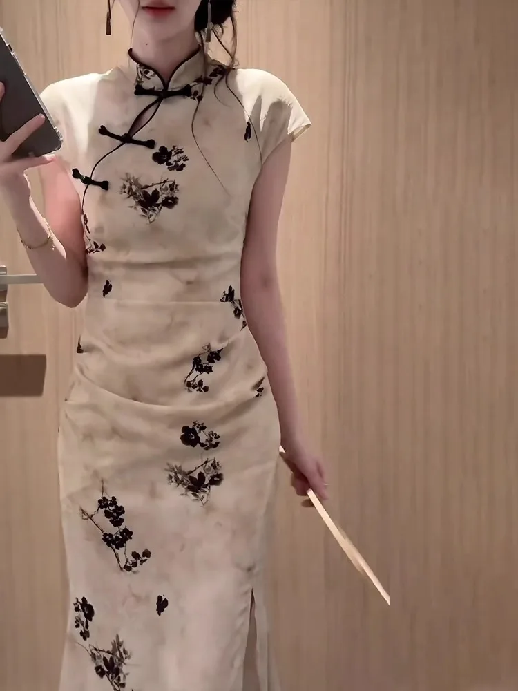 

Ele Young Sle Chinese National Floral Print Qipao Dr Unique Beau Summer ort Sve round Collar Daily Wear