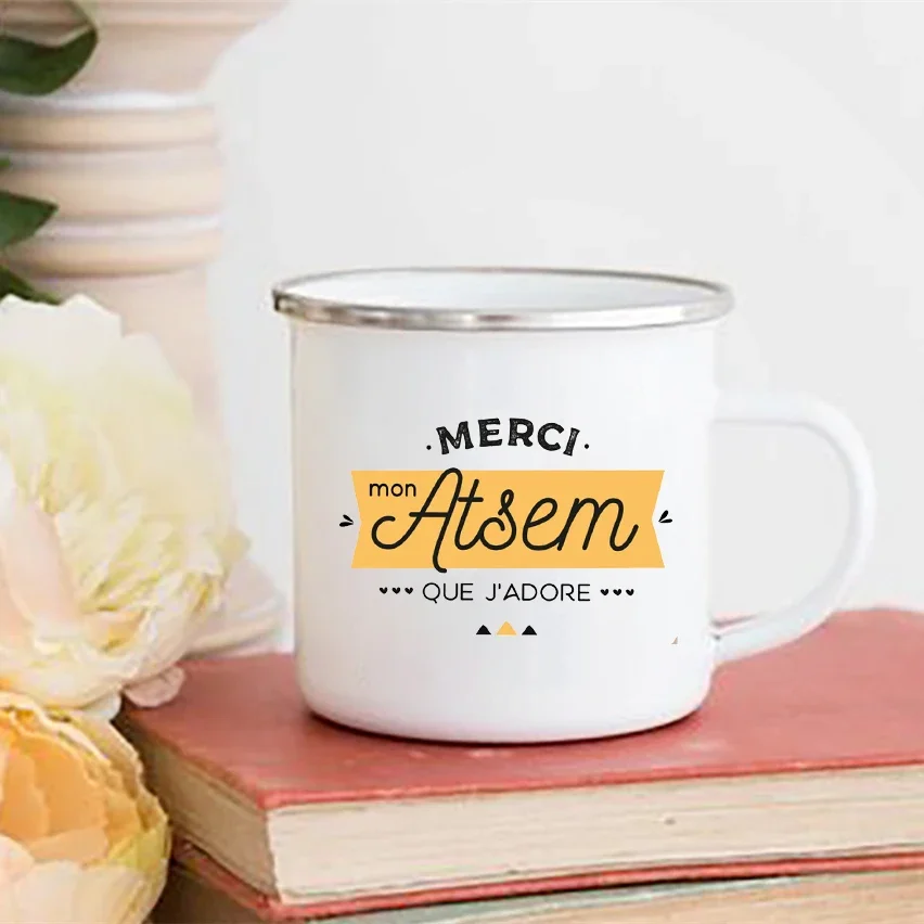 Une Atsem Top Du Top Print Mugs Creative Coffee Cups School Drinks Water Milk Cup Enamel Mug Home Handle Drinkware Atsem Gifts