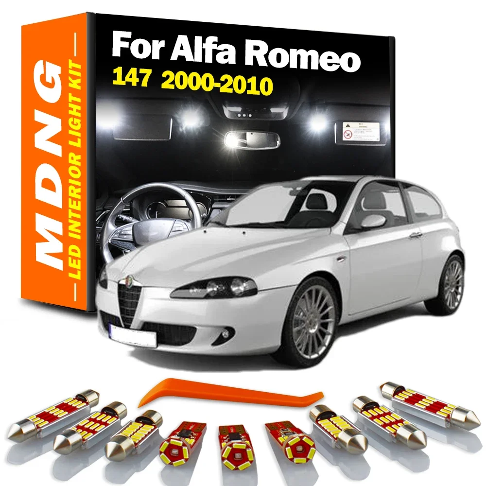 MDNG 9Pcs Żarówki samochodowe Akcesoria Canbus Auto Zestaw oświetlenia wewnętrznego LED Dla 2000-2010 Alfa Romeo 147 Map Dome License Plate Lamp