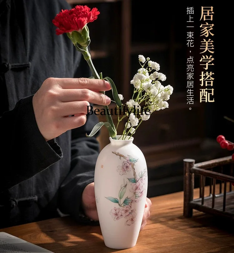 New Chinese high-end hand-painted begonia small vase New Chinese ceramic ornament Living room Bogu frame Bogu frame decoration