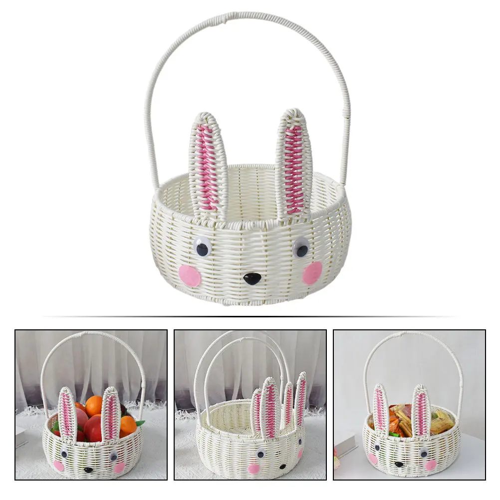 

Adorable Bunny Rabbit Basket Hand Woven Iron PP Portable Picnic Fruit Flower Storage Basket for Easter Home Decor Gift