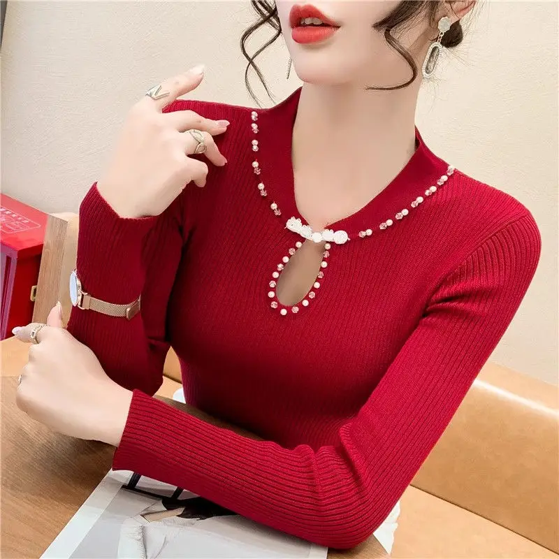 Knitting Bottoming Shirt Female Autumn Winter Fashion Slim Solid Color Long Sleeve Sweater Ladies Simplicity Hollow Out Top Tee