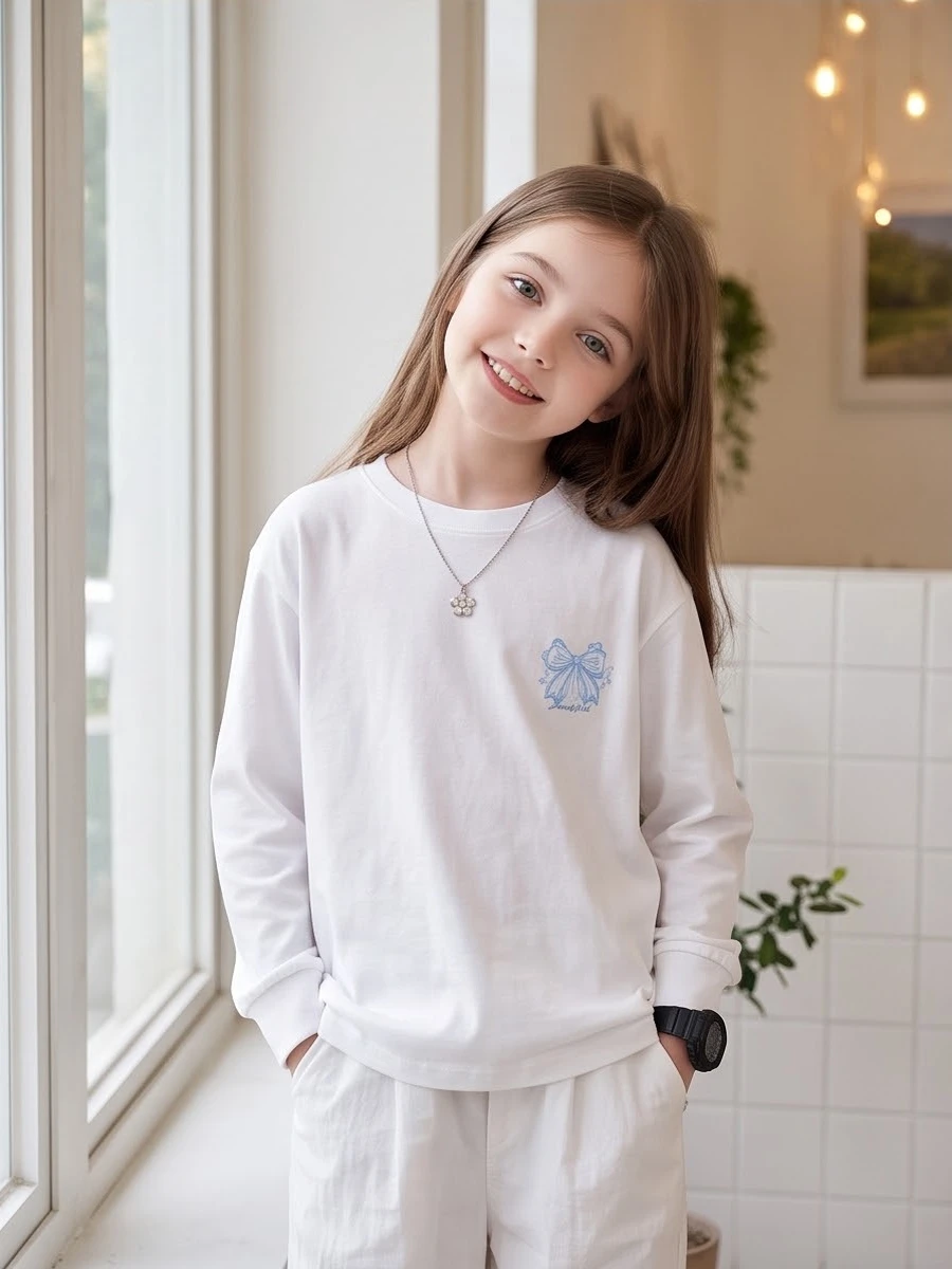 Girls Cute Bow Graphic Long Sleeve Tee 100% Cotton Small Chest Bow Print Crew Neck Loose Kids Spring Autumn Daily Top