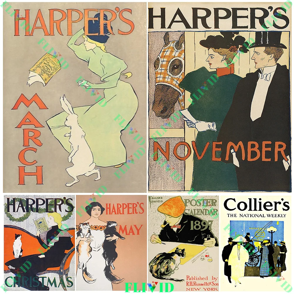 

Vintage Style Figure & Animal Wall Art Canvas Painting,Retro Fashion Magazine Cover Art Poster And Print Home Decor Unframed