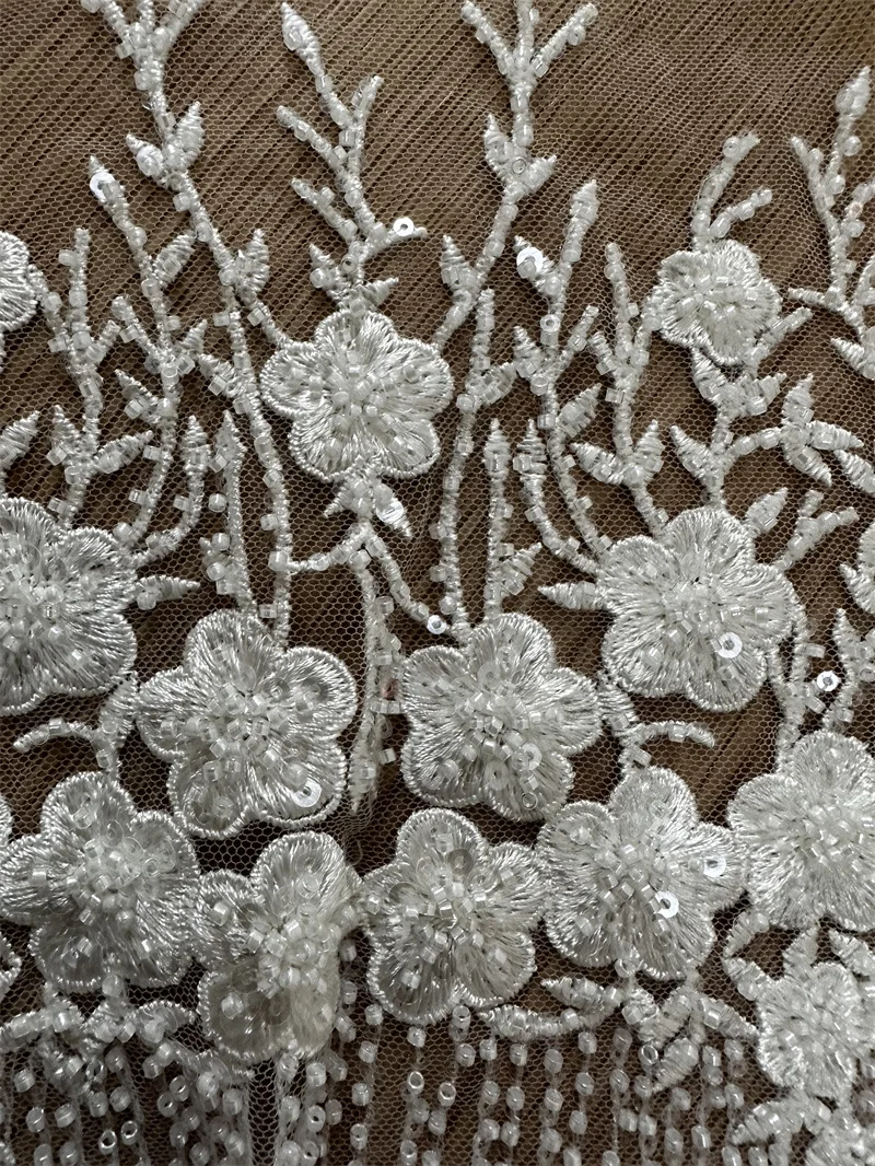 Latest Floral Strip Unique Rich Beaded Embroidery Wedding Dress Lace Fabric DIY Bridal Wear Tulle Mesh Fabric  Cloth Material