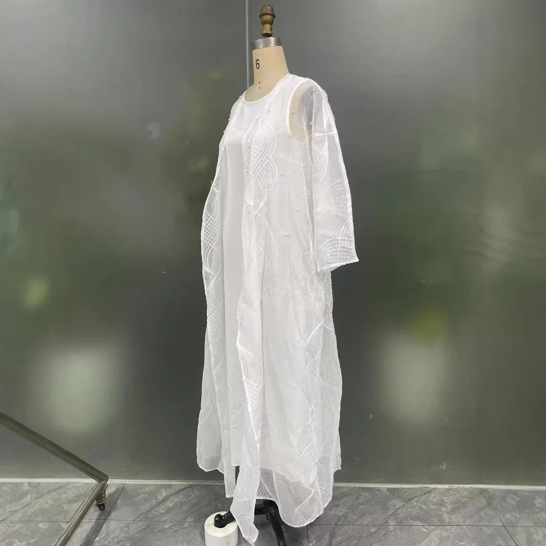 Eid 2-delige set moslim vrouwen witte kralen kimono abaya jurk dubai kaftan Turkije Kebaya islam Jalabiya kaftan Marocain femme gewaad