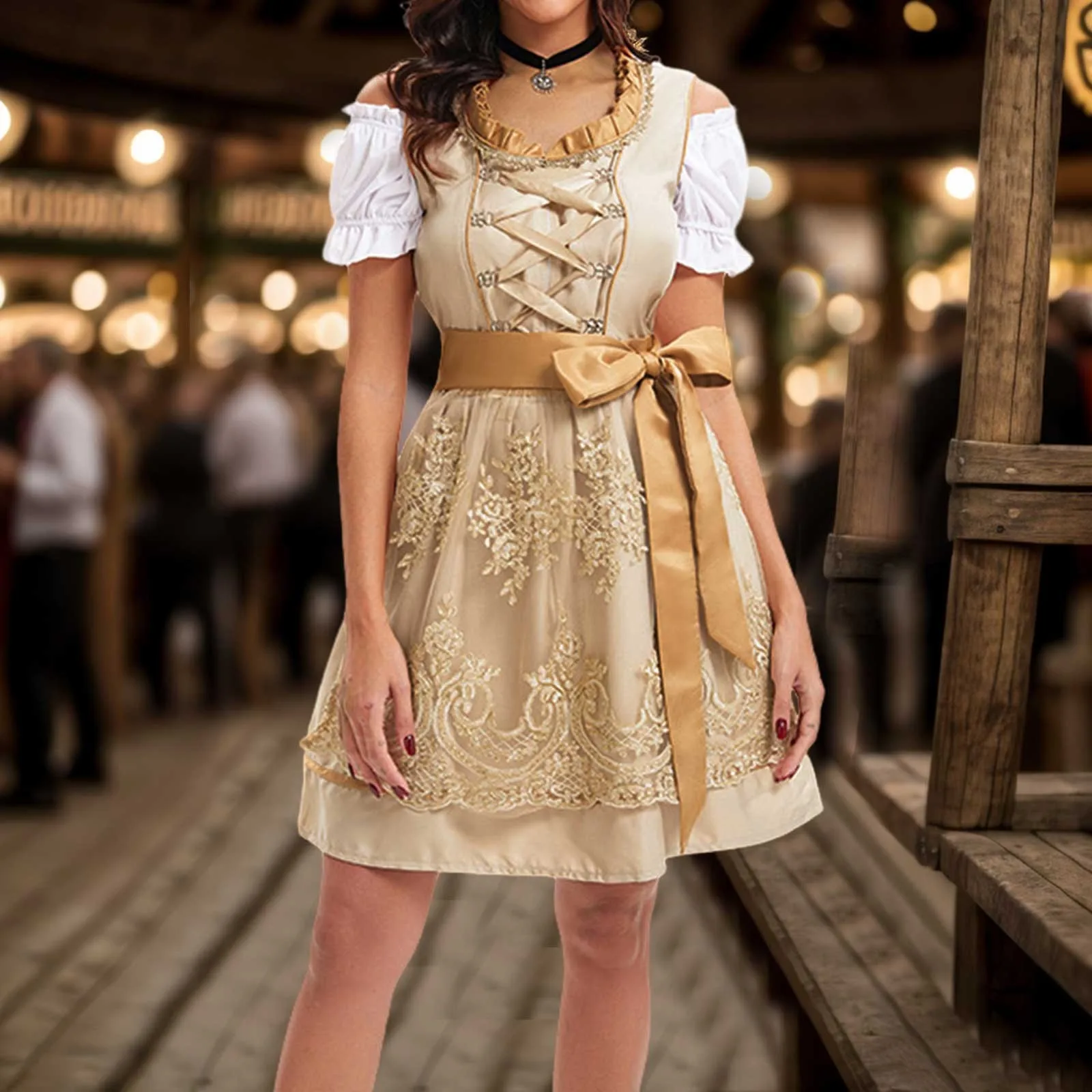 New Traditional Bavarian Oktoberfest Costumes Yellow Dirndl Dresses Women Apron Dress German Beer Wench Maid Cosplay Party Dress