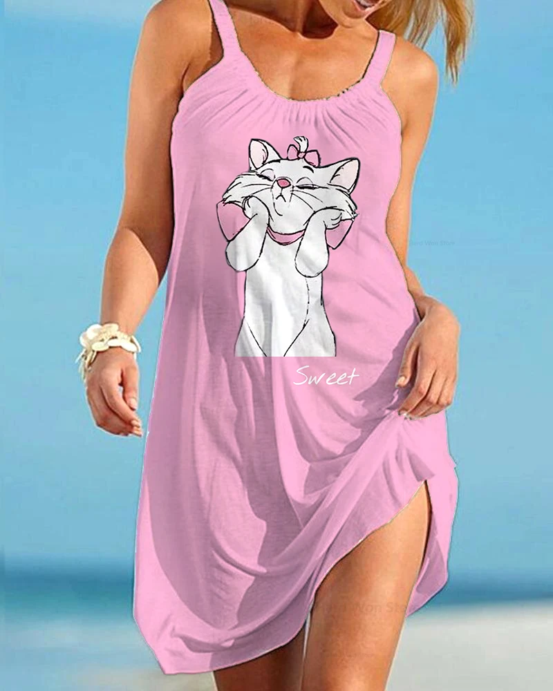 Nieuwe zomer vakantie aan zee casual strandjurk Disney Marie Cat Print tanktopjurk losse comfortabele jurk