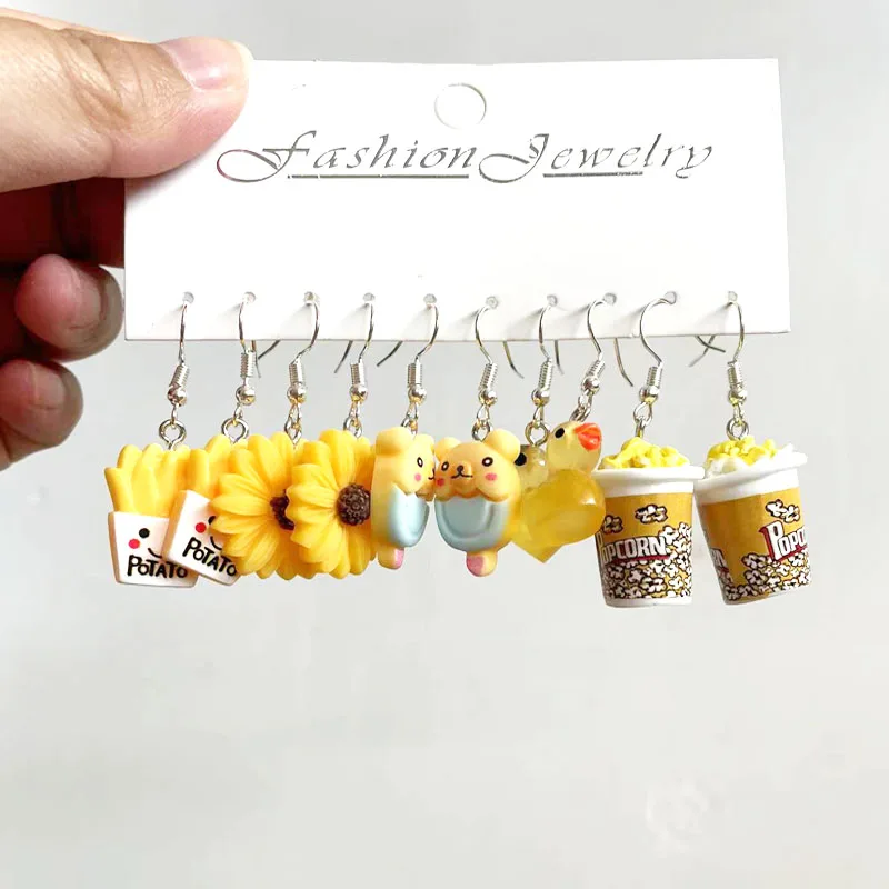 Set anting-anting wanita, 5 pasang anting kecil liontin Resin warna segar seni manis dan lucu hewan buah teh susu