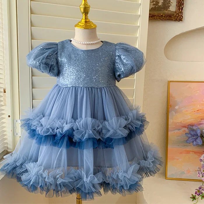 

New Baby Summer Girls Boutique Sequined Mesh Dress, Princess Kids Fashion Party Dress 2-6 T