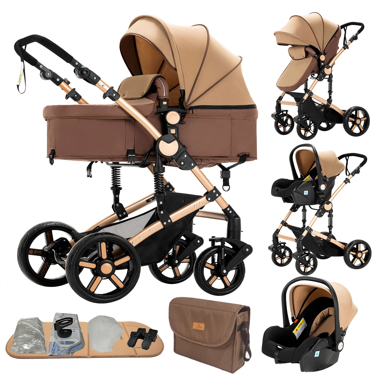 3-in-1 Baby-Kinderwagen-Reisesystem, Kinderwagen mit Autositz, leichter Rahmen, kompakt zusammenklappbar, hohe Sitzposition, stoßdämpfende Räder, umkehrbarer Sitz, mehrfach verstellbare Rückenlehne,