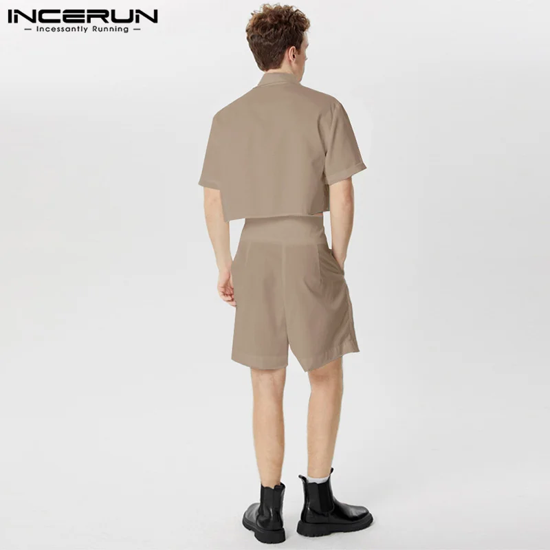 INCERUN Men Sets Solid Color Lapel Short Sleeve Shirt & Shorts Two Pieces Sets 2024 Summer Streetwear Fashion Men Casual Suits