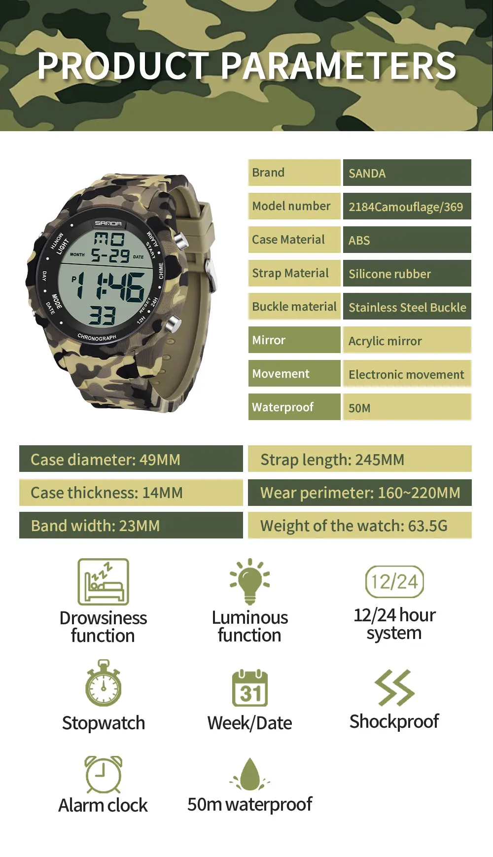 SANDA Top Marke 2184G Camouflage LED Digital Uhr männer Wasserdichte frauen Sport Uhr männer Elektronische Uhr 2025