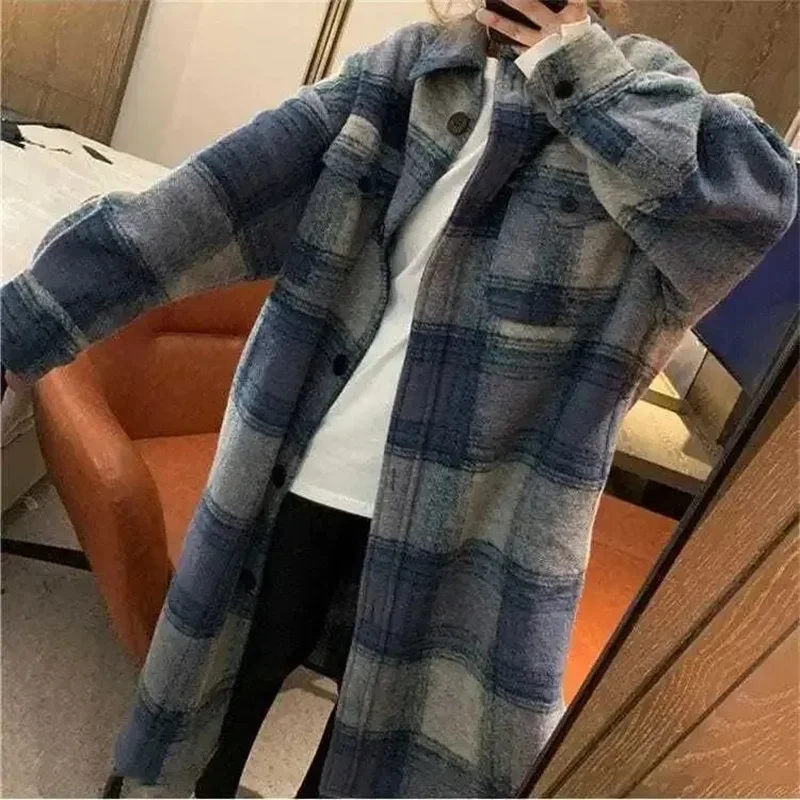 2023 Spring Autumn New Thin Mid-length Shirt Over the Knee Blue Plaid Coat Loose 300 Pounds Korean Version Temperament Commute