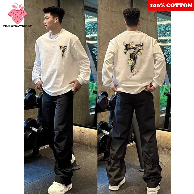 

Number 7 Flower Print T-shirt Men Autumn Winter 2025 New 100% Cotton White Long sleeves T-shirt Sports Gym Y2k Top Men clothing