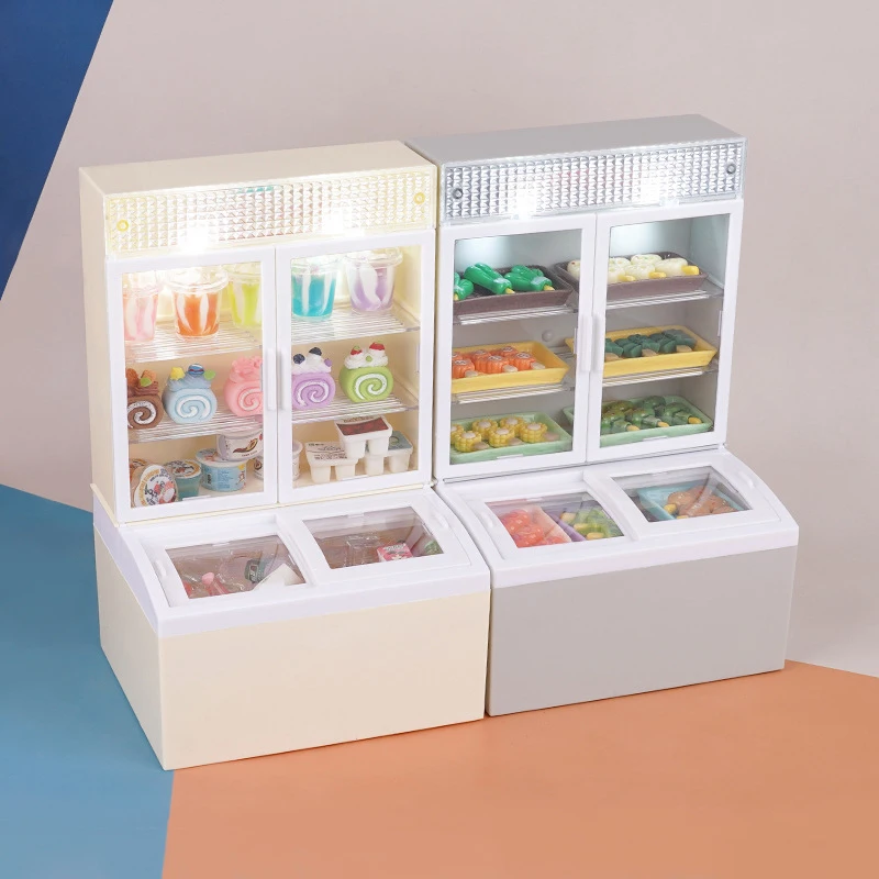 1pcs 1:12 Dollhouse Miniature Beverage Freezer Glowing Supermarket Ice Cream Cabinet Model Decor Toy Doll House Accessories