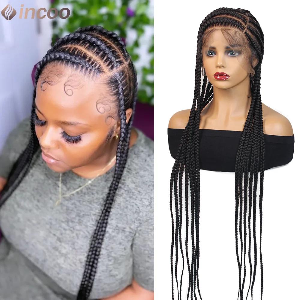 

36" Side Part Braided Wigs For Black Women Larger Cornrow Box Braided Wig Synthetic Knotless Braids Lace Wigs