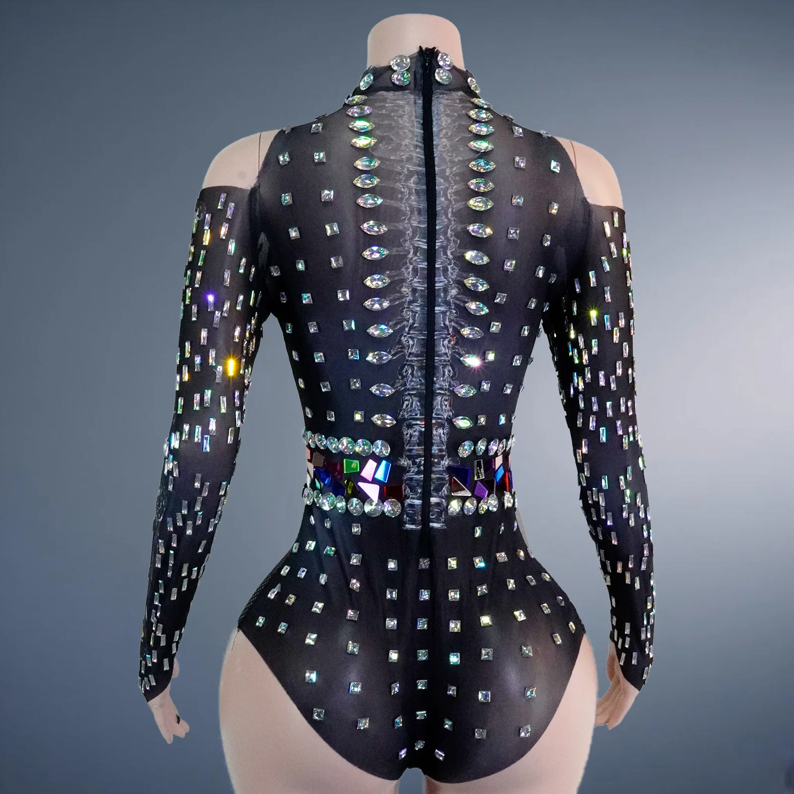 여성 원피스 바디수트 메쉬 크리스탈 라인스톤 스팽글 오프숄더 긴팔 바디콘 클럽웨어 드랙퀸 골드 댄스 의상