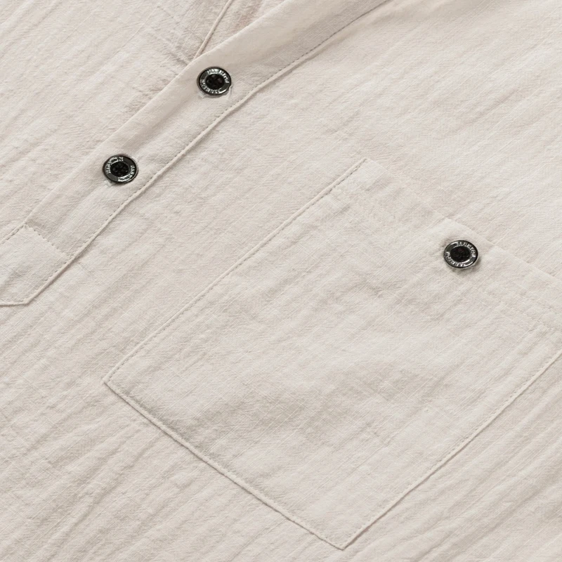 Herren-Henley-Shirt mit Stehkragen, Kurzarm, Baumwoll-Leinen-Mischung, Brusttasche, Atmungsaktiv, Sommer, Alltag, Reise, Strand, Freizeit-Oberteil – Detail 18