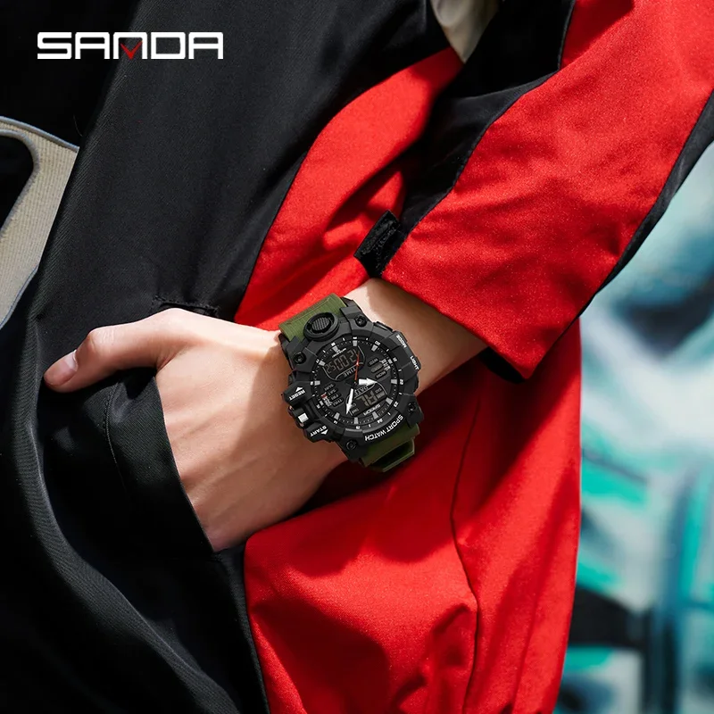 SANDA 6126 Dual Display Men Watches Waterproof Sports Watch Military Man Alarm Stopwatch Quartz Wristwatch Male Digital Clock