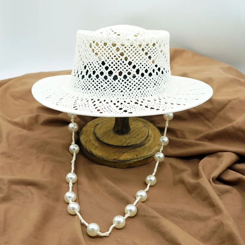 Handwoven White Panama Hat Women Summer Hat with Pearls Chain Hollow Out Summer Hat Vacation Beach Straw Hat Travel Boater Hat