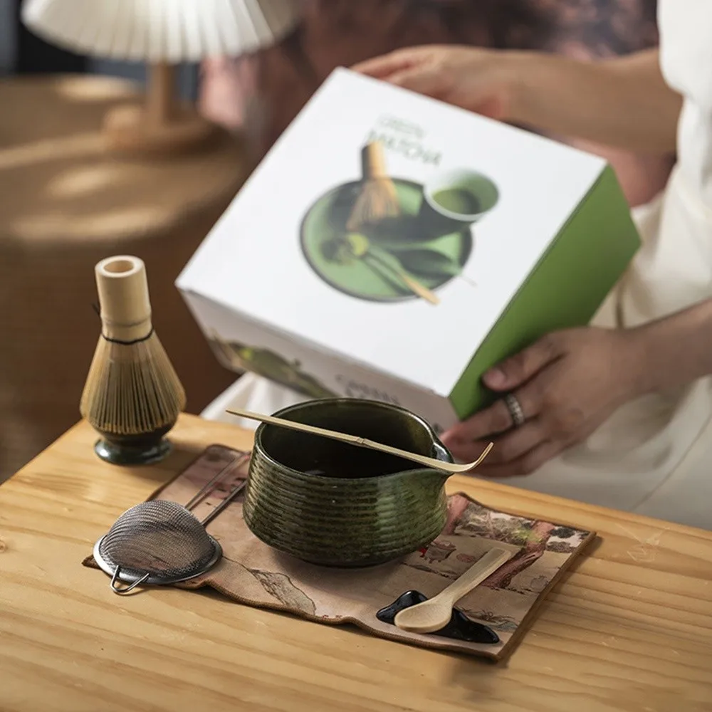 

4PCS Ceramic Bamboo Japanese Matcha Tea Set Matcha Whisk Holder Matcha Bowl Matcha Whisk Set Reusable Matcha Making Kit