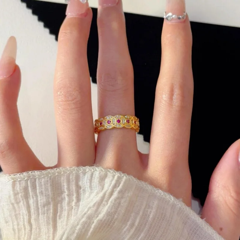 خاتم Red Gang الزركون Qian Duoduo، مجوهرات رائعة وصغيرة ومتعددة الاستخدامات، مزاج فاخر خفيف، مجوهرات راقية، ركاب م