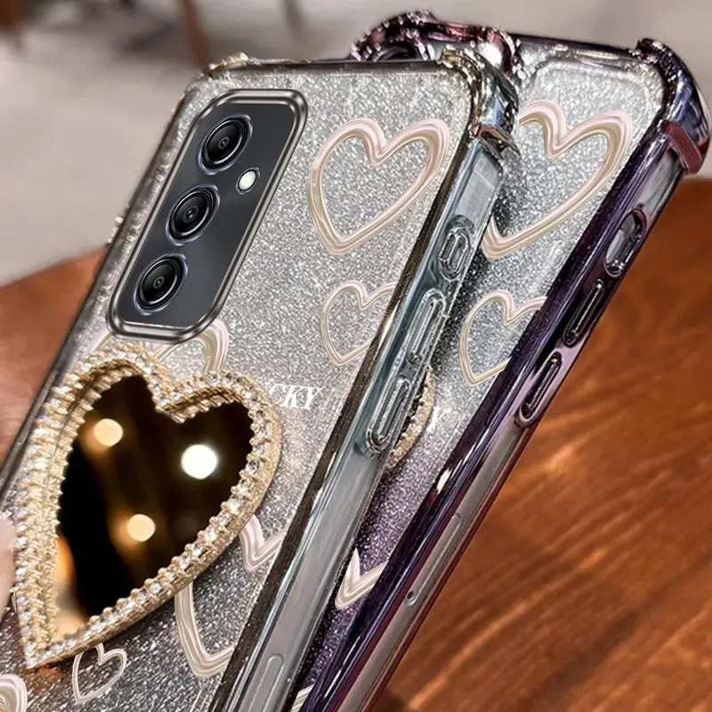 Airbag Wrist Strap Glitter Love Heart Mirror Phone Case On For Samsung Galaxy A13 A14 A15 A16 A23 34 A35 A36 A54 A55 4G 5G Cover