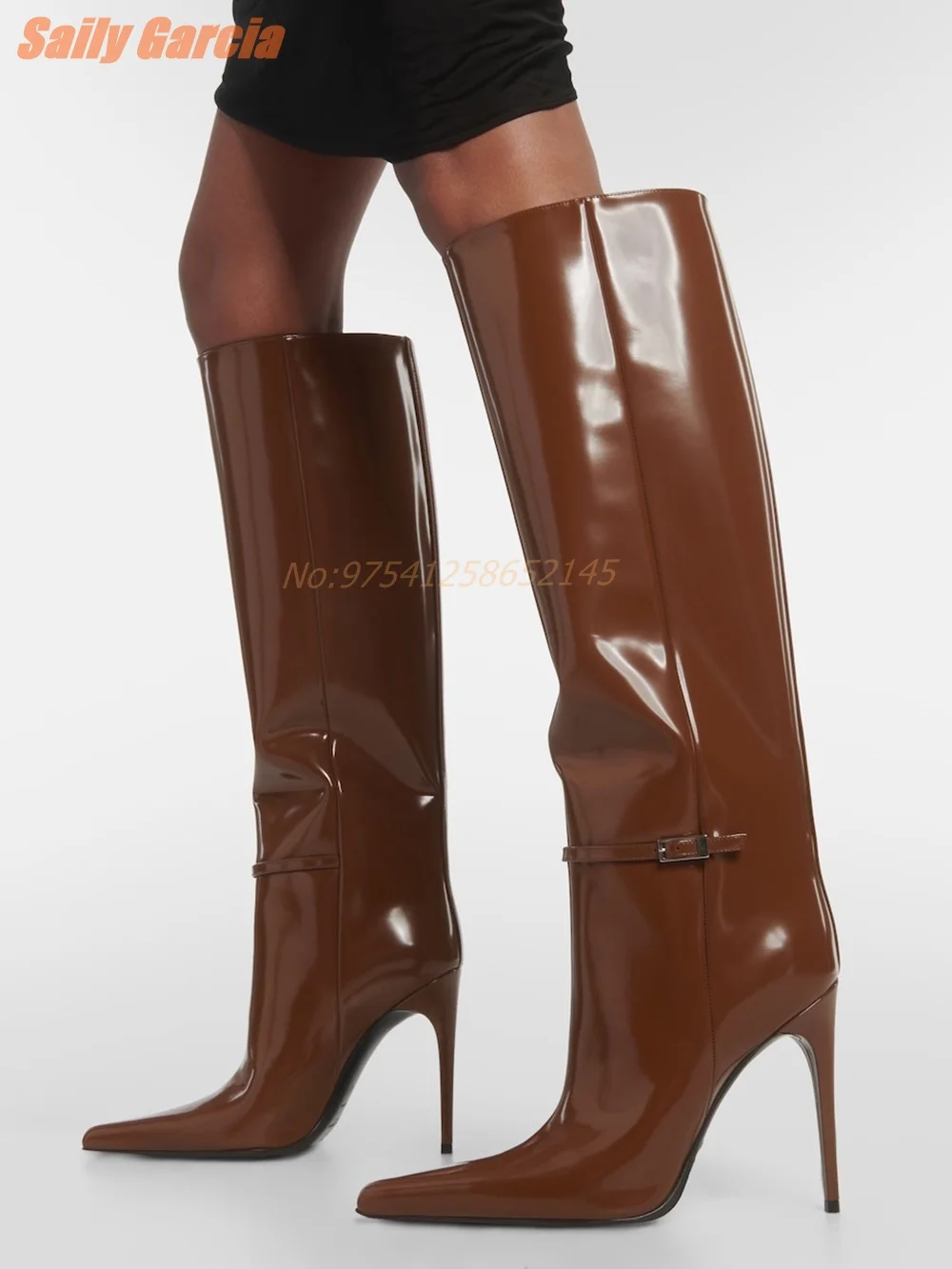 

Brown Sexy Boots Thin High Heel Pointed Toe Patent Leather Fashion 2024 Women's Boots Thin Belt Buckle Knee-high Trendy New