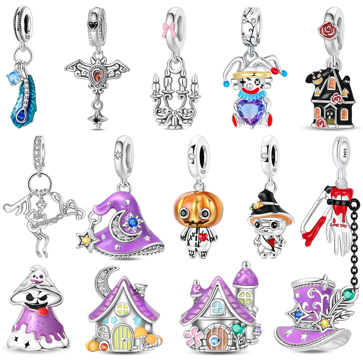 

S925 Silver Gothic Spooky Halloween Haunted House Witch Hat Pumpkin Clown Skeleton 3D Charm Gem DIY Bracelet Party Gift Jewelry