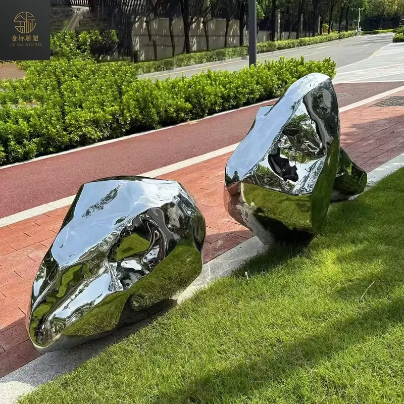 Custom Modern Abstract Electroplated Stainless Steel Sculpture Polished Irregular Shape Outdoor Stone Style