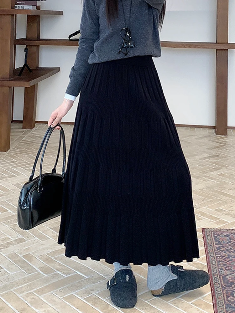 Falda Midi de Punto Plisada de Cintura Alta para Mujer, Otoño Invierno, Estilo Casual, para el Hogar y Uso Diario...