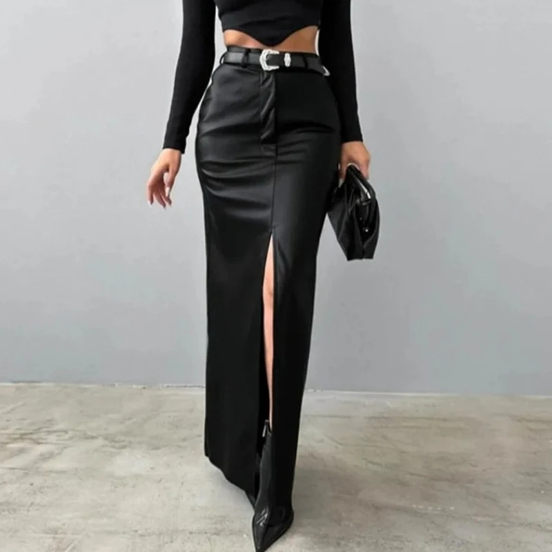 

Новая женская длинная юбка из искусственной кожи с разрезом, однотонная, с высокой талией, для офиса и повседневной носки, весна-осень 2026