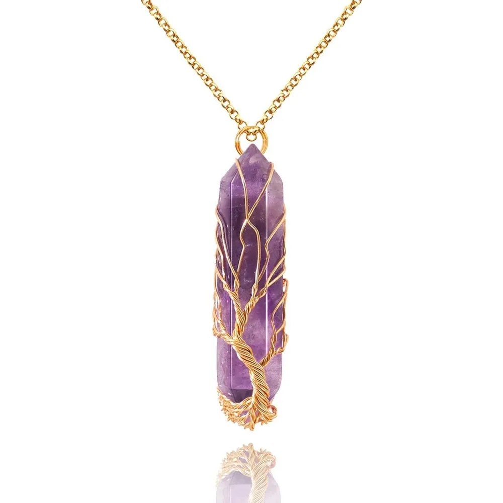 

Healing crystal necklace, Tree of Life pendant necklace, hexagonal spiritual quartz gemstone, men's and women's jewelry