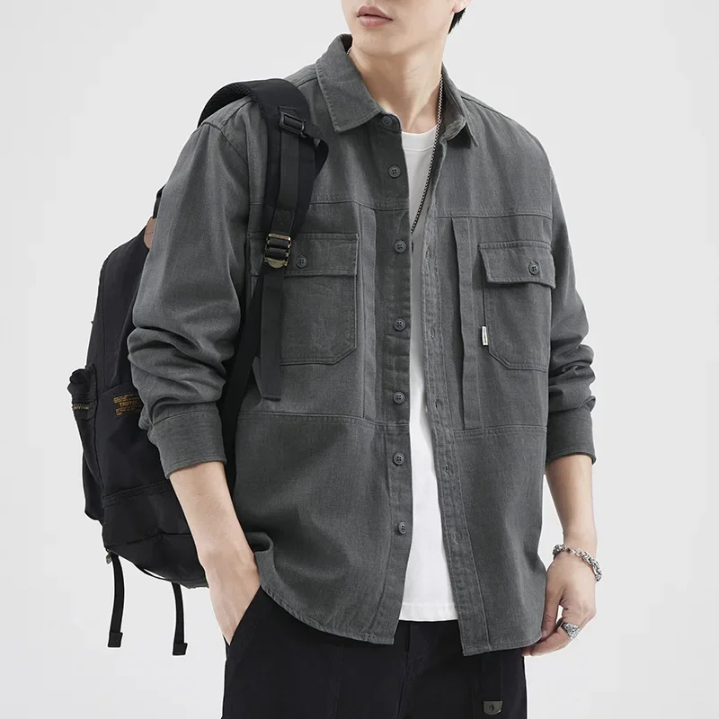 Japanese Retro Work Shirt Men Spring Fall Casual Pure Cotton Long Sleeve Man Shirts Loose Overshirt Streetwear Vintage Shirt