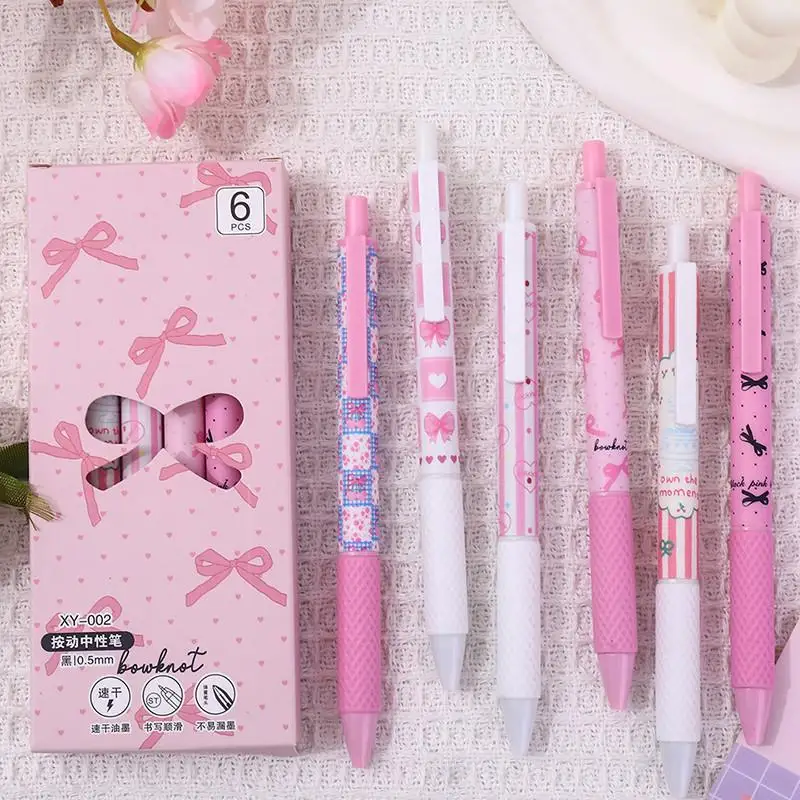 

6 шт./компл., креативные гелевые ручки с бантом 0,5 мм, студенческие быстросохнущие ручки с черными чернилами большой емкости, классическая офисная ручка для подписи