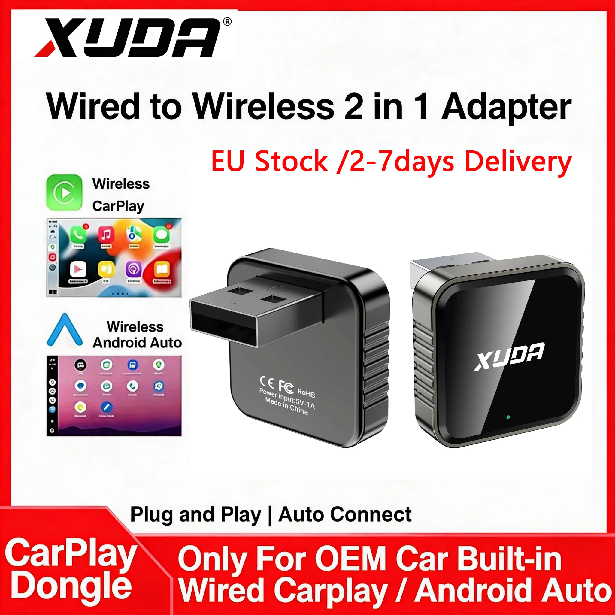 Nouvel adaptateur sans fil XUDA 2 en 1 CarPlay et Android Auto, WiFi 5 GHz, Type-C/USB, Plug and Play, CarPlay sans fil