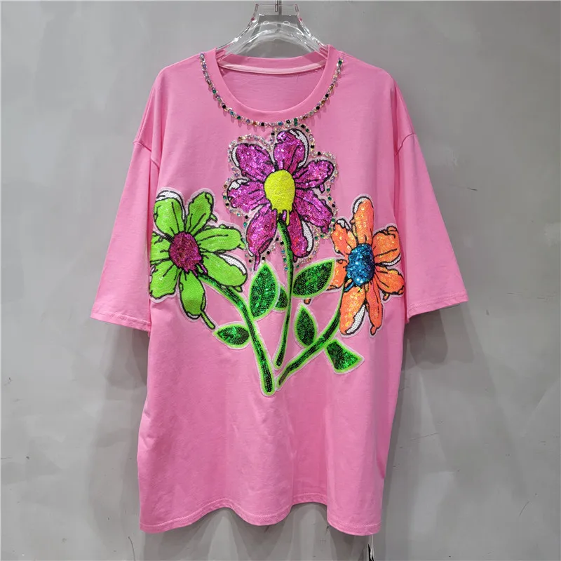 Bright Colors Heavy Industry Rhinestone Sequined Round Neck T-shirt Women 2024 Summer Mid-Length Loose Casual Chic Flower Top