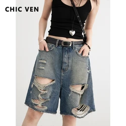 CHIC VEN Women Shorts Loose Blue Distressed Burr Edge Denim Shorts Wide Leg Short Jeans Female Pants Summer 2024