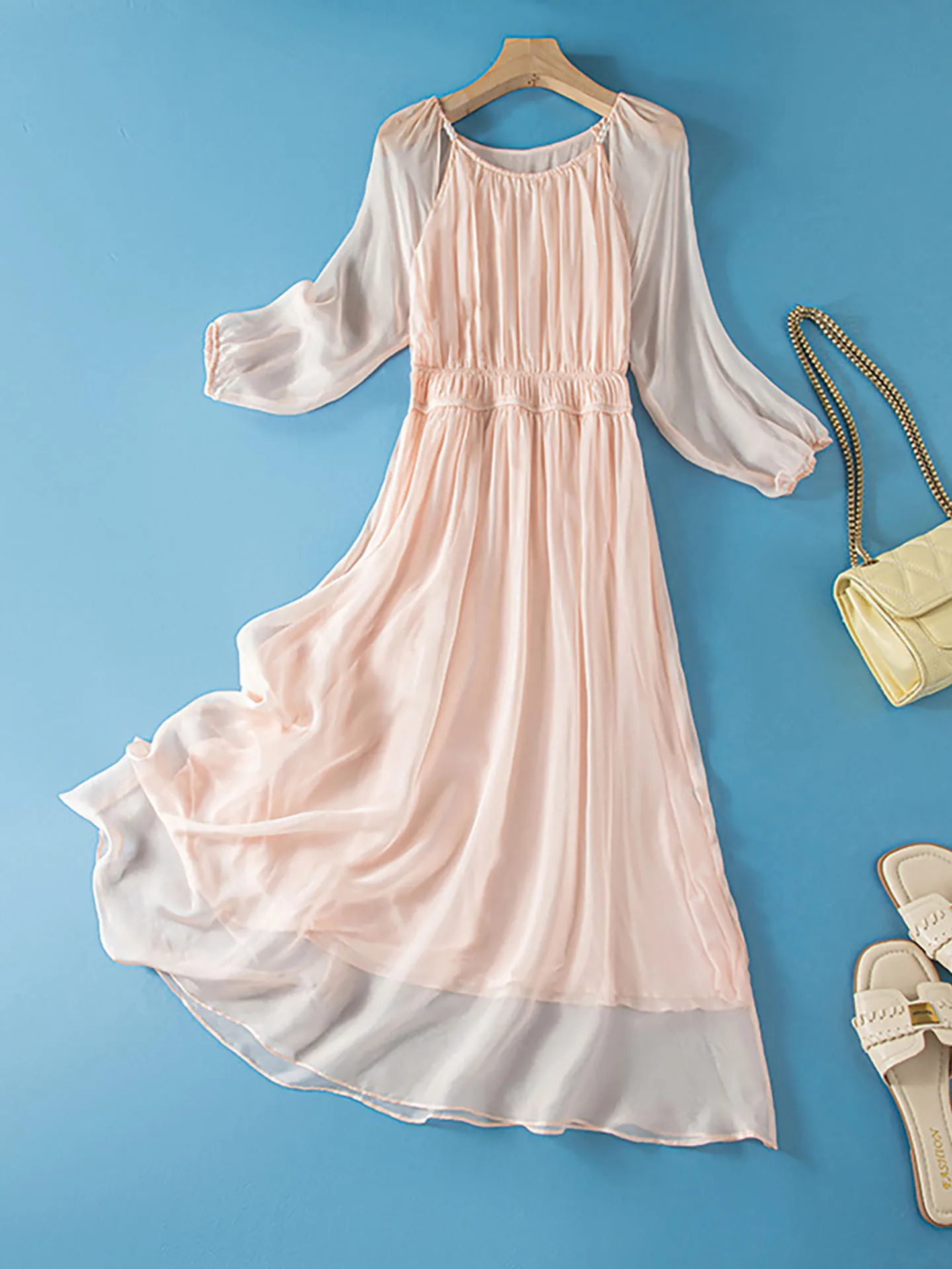 

Elegant Silk Long Dress Women's Waist-Cinching Slimming Ladylike Summer New Style Five-Quarter Sleeve Breathable Skin-Friendly
