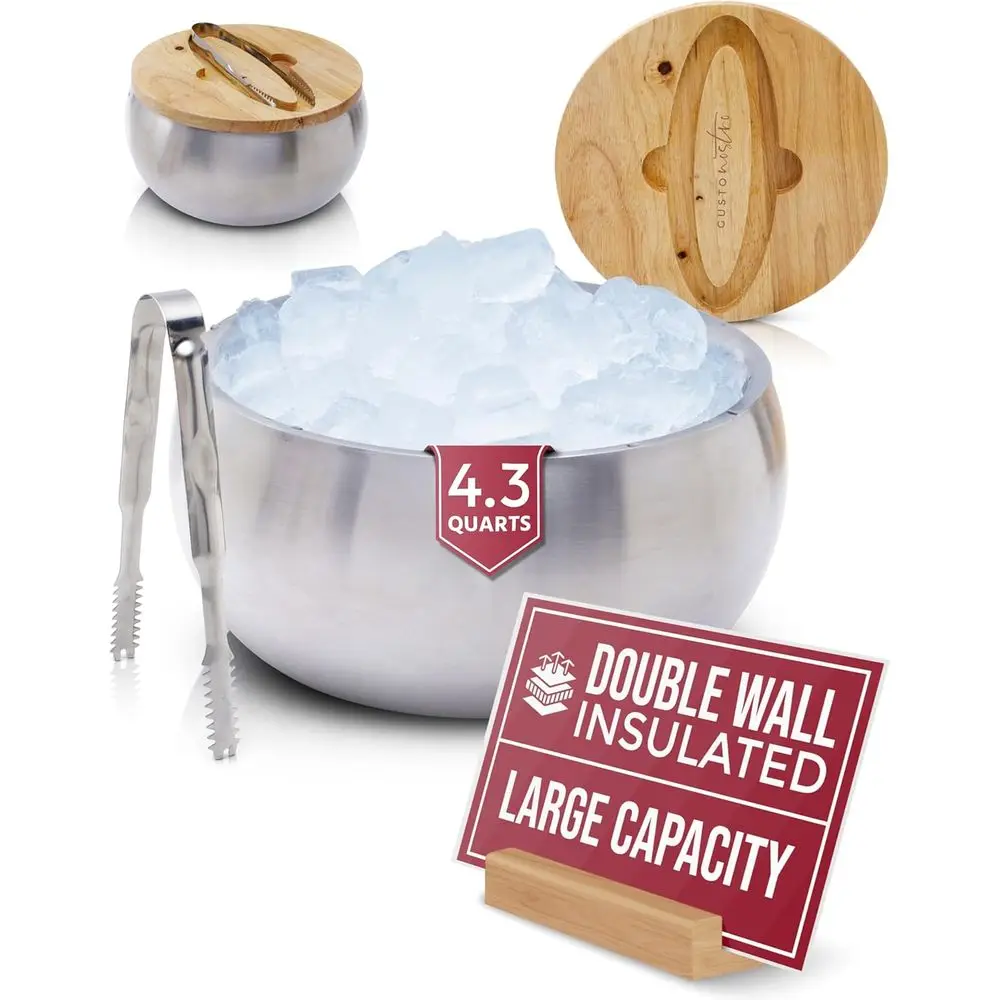 

4.1L Double Wall Stainless Steel Insulated Ice Bucket with Lid and Tongs - Large, BPA-Free for Champagne, Wine, and Cocktails
