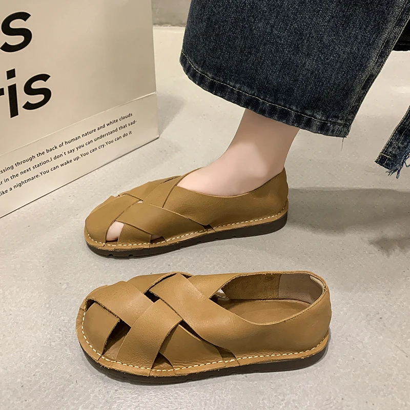 2024 leather Women\'s Sandals Top Layer Cowhide Handmade Woven Women casual Flats the retro art mori girl shoes