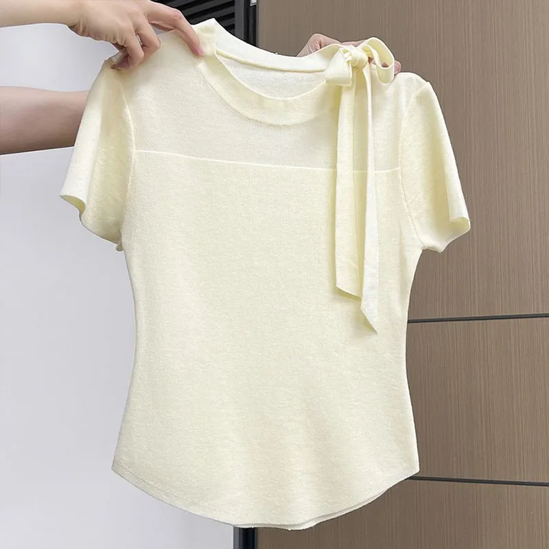 Damen Micro Transparent Gaze T-Shirt Sommermode Rundhals Basic Kurzarm Pullover Lady Premium Lace Up Schlankheitsoberteile