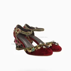 Pearl Appliques Decor Flock Pumps Ankle Cover Heel Women Shoes Ankle Buckle Strap Hollow Metal Heel Round Toe Zapatillas Mujer