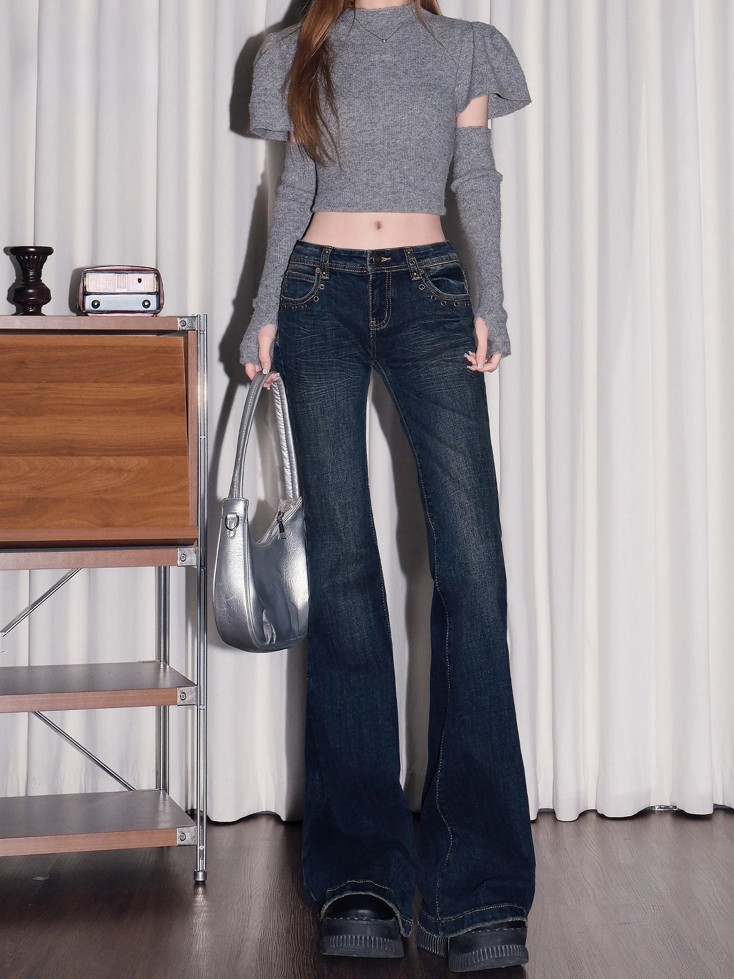 

Американские ретро-джинсы Deep Blue с низкой посадкой, расклешенные, женские, летние, свободного кроя, повседневные, из смесового хлопка, с эффектом похудения