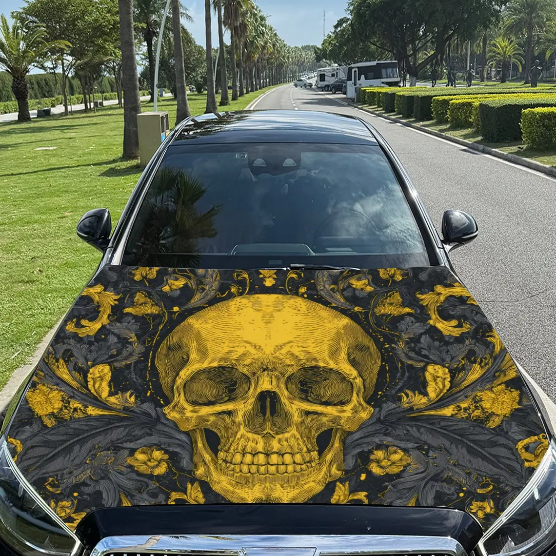 Car Decals Golden Skull with Floral Patterns Car Hood Sticker, Waterproof Self - Adhesive Vinyl Graphics Decals, Decorative Prot